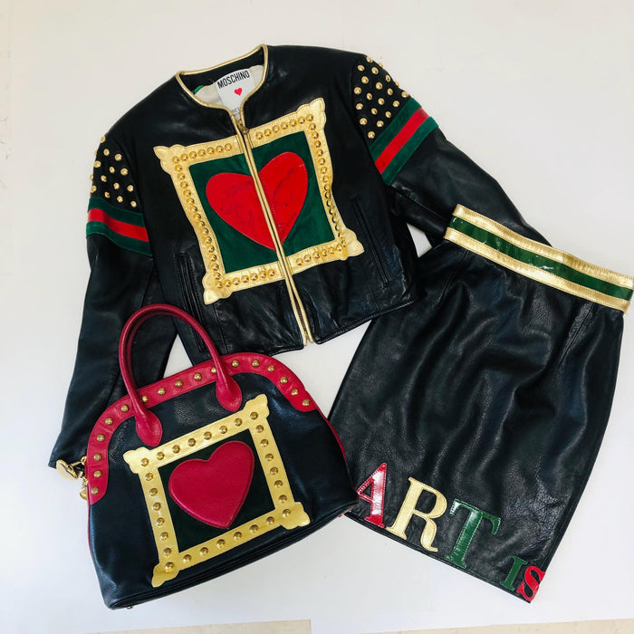 90s Vintage Moschino Bag Tote Black Leather Red Heart Moschino Purse Bag Black Leather 90s Love heart ART IS LOVE Studded Leather Bag