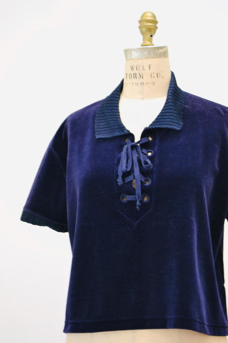 Vintage 90s Sonia Rykiel Navy Blue Velvet Velour Track Suit Nautical Beach Loungewear Sweat Shirt Sweatsuit Wide leg Pants Made in Paris