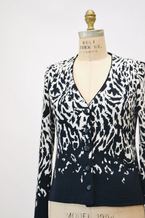 2000s y2k Vintage St. John Collection Zebra Pattern Sweater Cardigan Black and White Animal Zebra Pattern Cardigan Small Medium