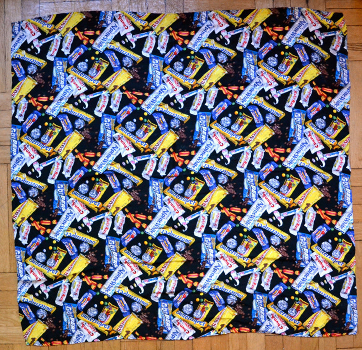 90s Vintage Nicole Miller Silk Large Scarf with Junk Food Candy Chocolate Butter Fingers Pop Art