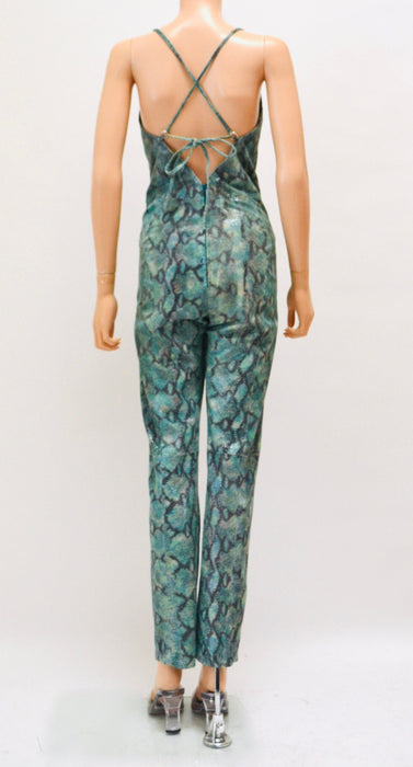 2000s Y2k Leather Jumpsuit Snake Print leather Cat Suit  Blue Green Snake Skin Print By Michael Hoban North Beach Leather Size XS Small