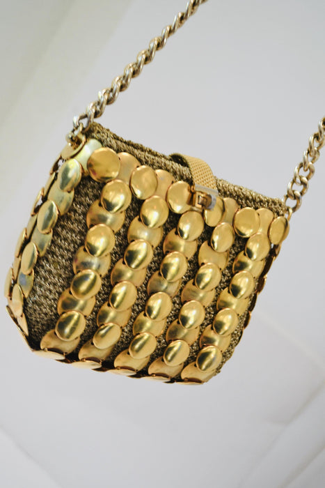 60s 70s Vintage Metallic Gold Metal Purse Chain Mail Wedding Disco Bag Made in Italy // Vintage Wedding Gold Metallic Bag Purse Paco Rabanne