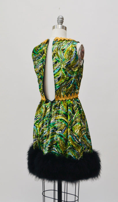 60s 70s Vintage Metallic Green Party Cocktail Dress XXS XS Green Blue Gold Dress with Marabou Feathers 60s Disco Party Dress Green Metallic