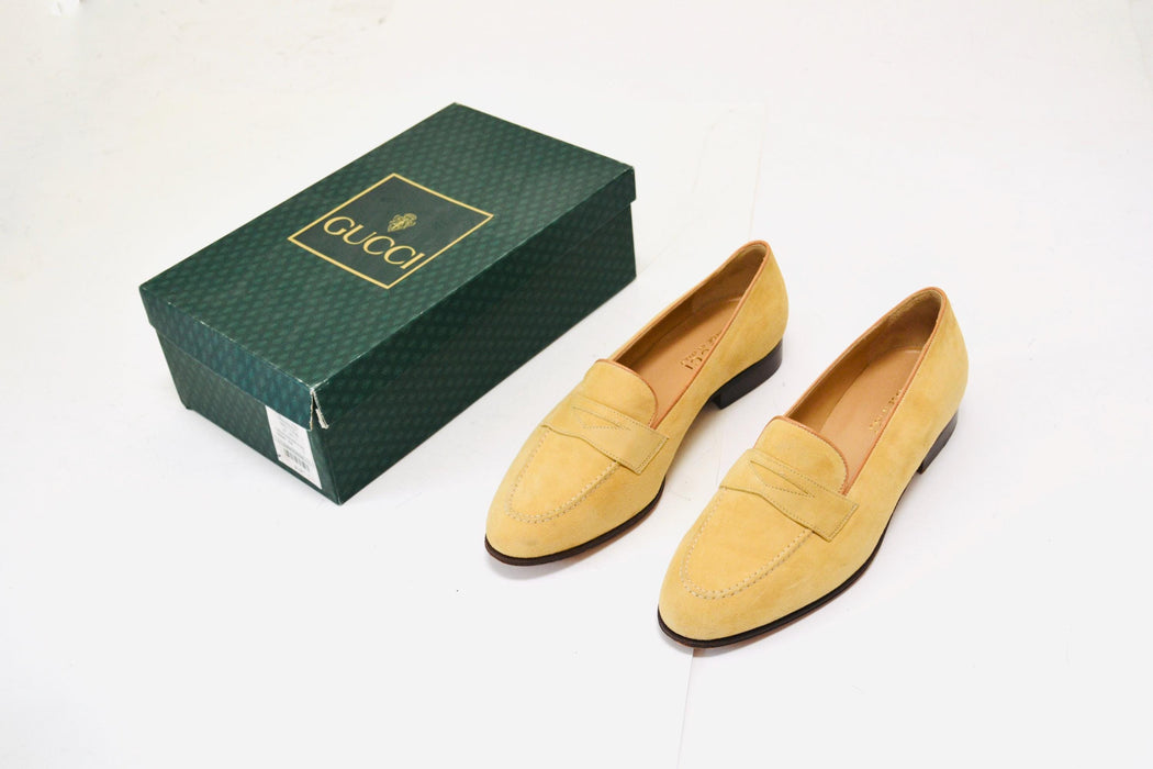 80s Vintage Gucci Penny Loafer Flats Tan Mustard Leather Loafers by Gucci Size 39 7 1/2 8 Vintage Tan Leather Gucci Shoes Womens Flats