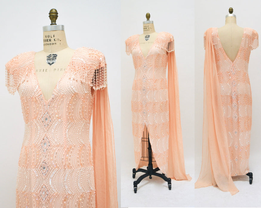 Vintage Peach Silk Beaded Sequin Evening Gown Dress Medium Large// 80s 90s Peach metallic Beaded Showgirl Fringe Dress Medium Large Sho Max