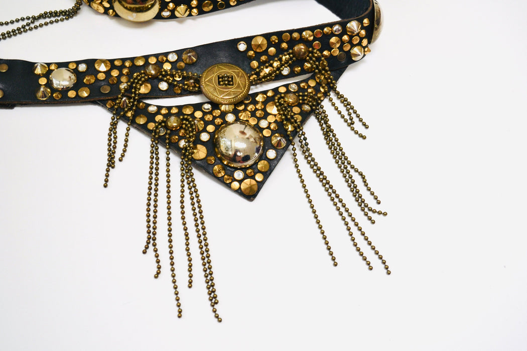 80s Vintage Black Gold Studded Rhinestone belt by Michael Morrison Black Leather Gold fringe Metallic Belt Rockstar Belt Medium large