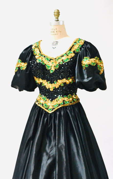 80s Prom Sequin Dress Black Ball Gown Medium Large // Vintage 80s Pageant Princess Dress Ball gown Mike Benet Sequin Party Dress Black Gold