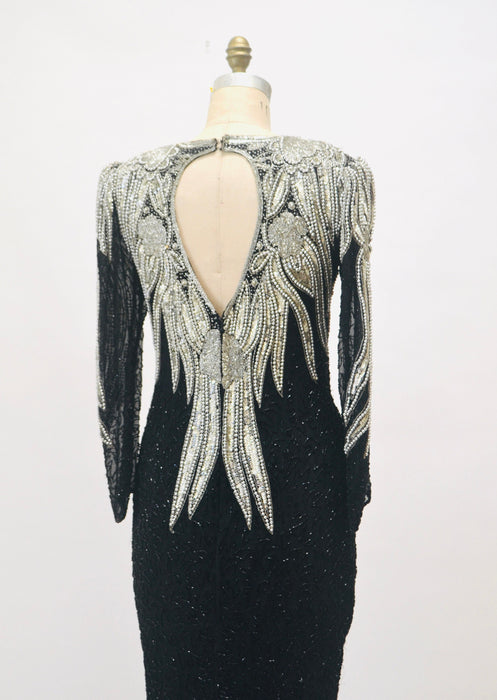 70s 80s GLAM Vintage Black Silver Beaded Sequin Evening Gown Small Medium // 80s 90s Pageant Drag Queen Black beaded Dress Gown Small Medium