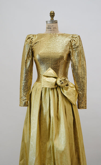 70s 80s Gold Sequin Metallic Ball Gown Dress 80s Gold Sequin Prom Dress Small Medium By Mignon // 80s Vintage sequin Gold Pageant Dress
