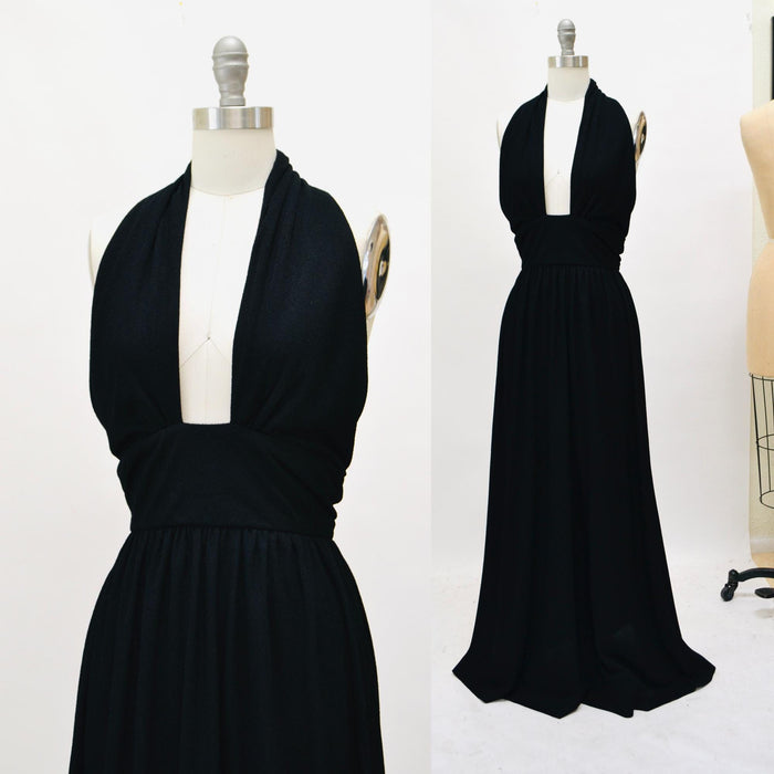 70s Vintage Black Halter Dress Mr Boots XS Small 70s Party long Black Halter Neck Dress 70s Disco Long Black Knit  Plunging neckline Dress
