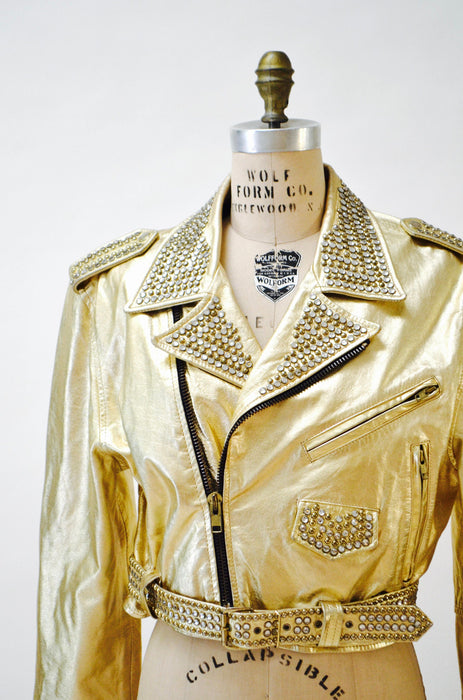 Amazing Vintage Gold Leather Biker Jacket with Rhinestones Gold Studs Large XL// Metallic Studded Gold Leather Moto Jacket LA ROXX