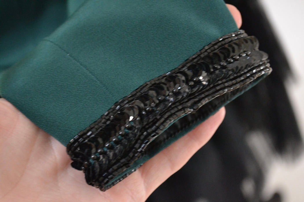 80s 90s Fabrice Vintage Green Black Beaded Party Dress Medium // Vintage 80s 90s Sequin Party Dress Crinoline Pleated Skirt Long Sleeves