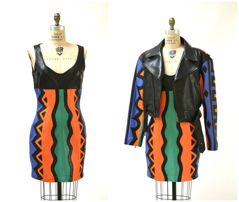 Vintage Leather Dress Black Medium Large Pop Art tribal by Michael Hoban North Beach// 90s Vintage Leather Dress medium Large Patchwork