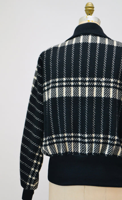 80s Vintage Wool Plaid Jacket Black White by JEAN-LOUIS SCHERRER Paris Wool Plaid bomber Jacket// Vintage Black White Wool Jacket Medium