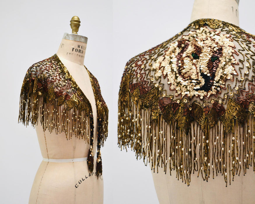 90s Vintage Metallic Beaded Sequin Fringe Shawl Lion Lioness Sequin Wrap Metallic Beaded Wrap Lion King Sharmark Las Vegas Showgirl