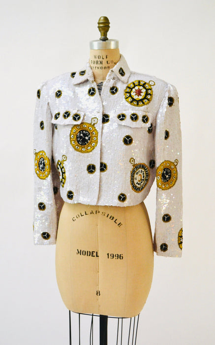80s 90s Vintage White Sequin Jacket// Vintage White Sequin Boat Party Jacket Stars Nautical Talk of the Walk Casino French Collizioni Modi