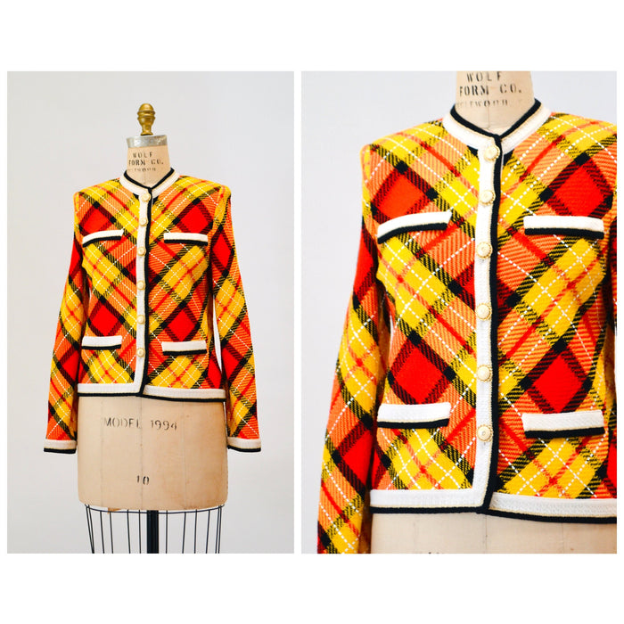 80s 90s Vintage St. John Collection Yellow Plaid Sweater Cardigan Jacket Yellow Black Red Gold Plaid Knit Jacket Small Cardigan St John