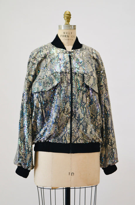 90s Vintage Sequin Bomber Track Jacket Black Grey Sequin Snake Python Jacket Small Medium// 90s Party sequin Jacket Snake Print Criscione