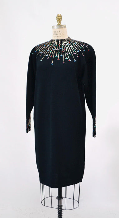 80s 90s Vintage Black St John Dress Metallic Rhinestone Knit Dress St John Evening// Black Rhinestone Party Sweater Knit Dress Medium Large