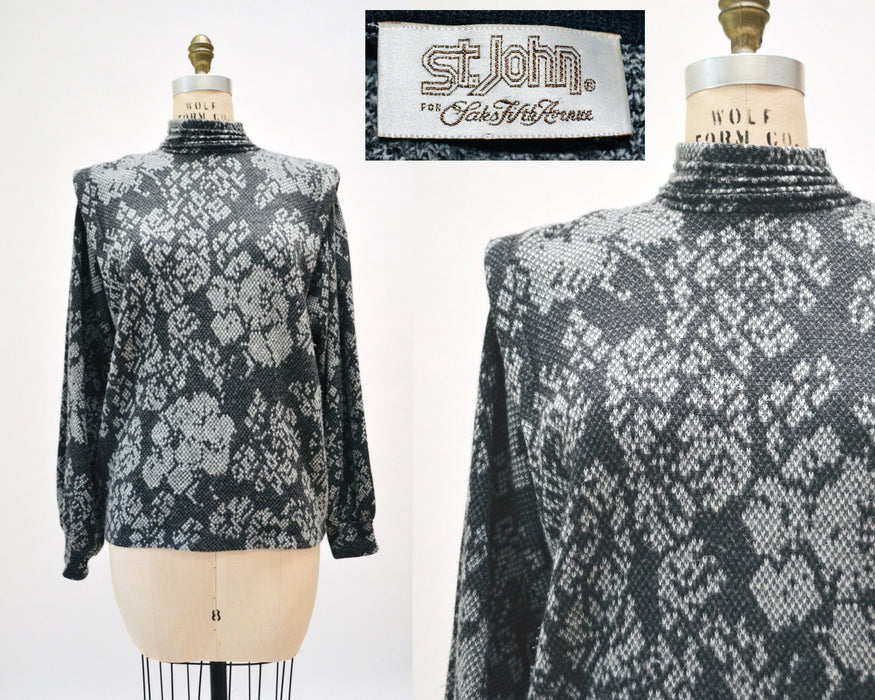 80s Vintage St. John Black Gray Sweater Pull OVer Cashmere Wool Sweater Jumper Floral Jacquard Medium 8 St John Vintage Mock Neck Sweater