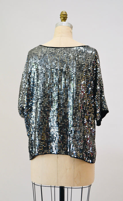 70s 80s Vintage Beaded Shirt Top Black Silver Top Large Shirt 70s 80s Glam Disco party Silver Metallic Sequin Top Size Medium Large
