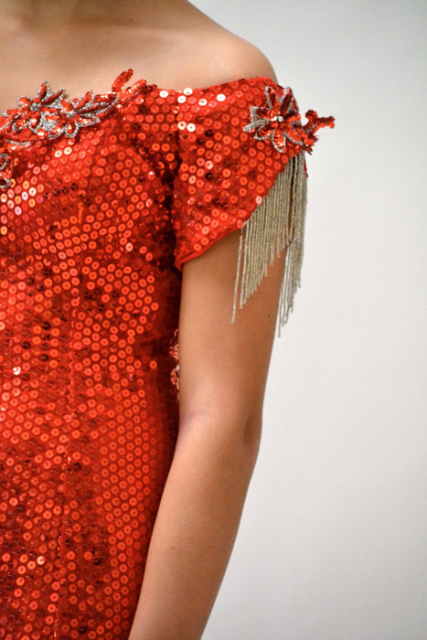 90s Vintage Red Sequin Dress Evening Gown Red 80s Prom DRess Small// Vintage Red Sequin Pageant Evening Gown Dress 80s 90s Drag Queen Dress