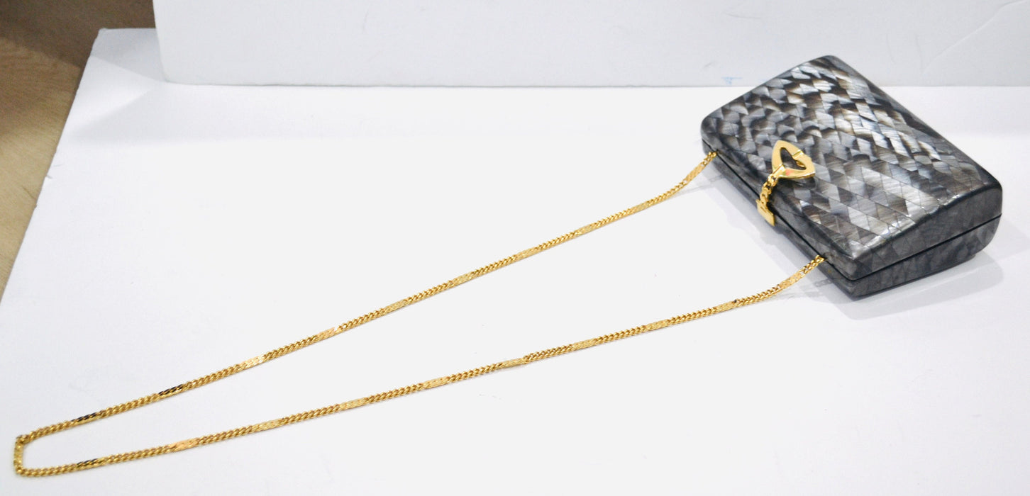 70s 80s Vintage Grey Clutch Hard Case Acrylic Faux Mother of Pearl Clutch Bag// Vintage Grey Gold Hard Acrylic Evening Bag Clutch Small Bag