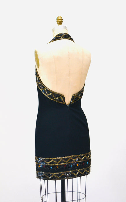 90s Vintage Black Halter Dress Sequin Beaded Metallic Halter Neck Cocktail Party Dress// 90s Black Metallic Sequin Dress Small Medium
