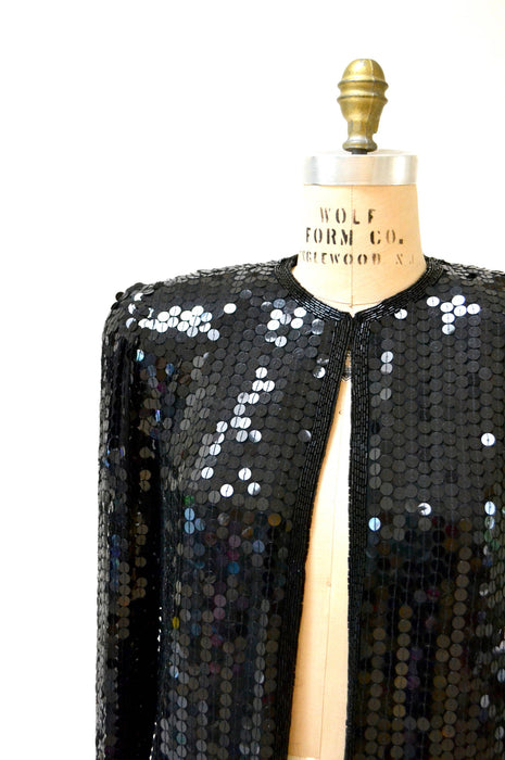Vintage Black Sequin Jacket Small Medium// Black Silk Sequin Metallic Jacket 80s Trophy Sequin Jacket Small Medium