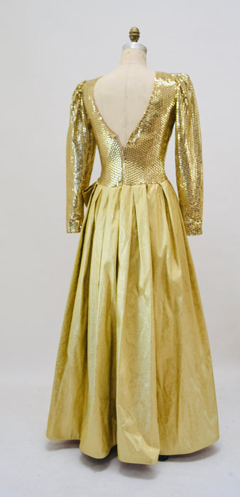 70s 80s Gold Sequin Metallic Ball Gown Dress 80s Gold Sequin Prom Dress Small Medium By Mignon // 80s Vintage sequin Gold Pageant Dress