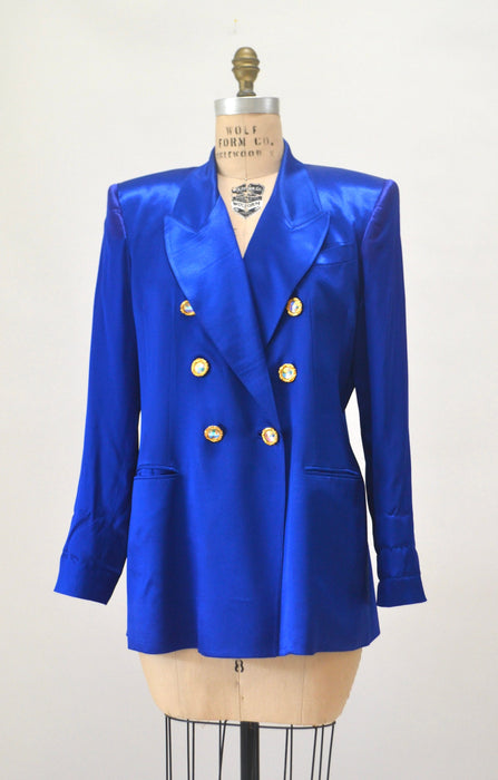 Vintage 80s 90s Cobalt Blue Satin Suit Jacket Blazer 90s Blue Barbie Power Suit Medium Large Rhinestone Buttons// 90s Glam Jacket  Criscione