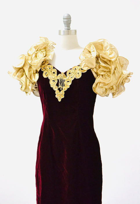 Vintage 80s Prom Dress Red Velvet Gold Metallic Evening Gown Small Medium// Vintage Dark Red Velvet gold metallic Ruffle Dress Pageant Gown