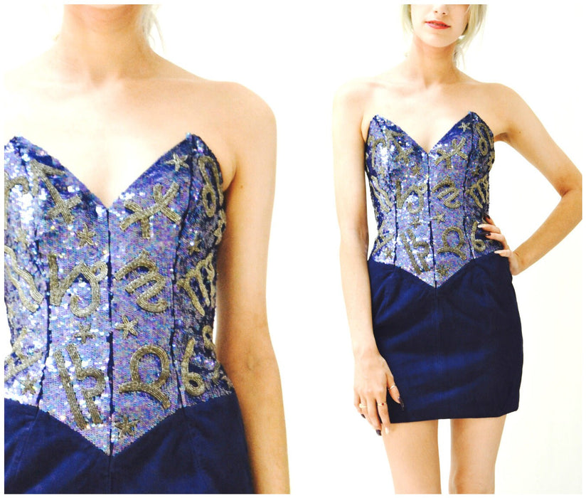 90s Sequin Leather Strapless Dress by Michael Hoban Blue Gold Small Zodiac Astrology Signs XXS XS// Metallic Leather Strapless Beaded Dress