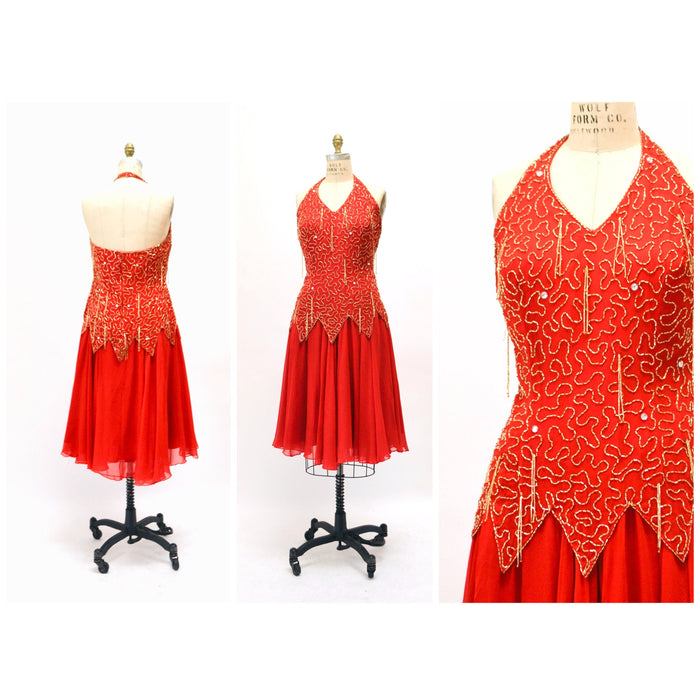 Stunning 80s 90s Vintage Red Beaded Dress Medium Large// 80s 90s Red Beaded Fringe Pageant Dress Halter Neck Showgirl Red Silk Chiffon Dress