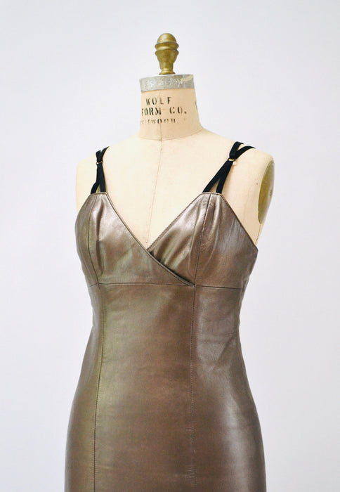 Stunning 90s 00s Y2K Metallic Bronze Leather Tank Dress Size XS Small// 90s Brown Tan Body Con Dress Leather Tank Dress Michael Hoban small