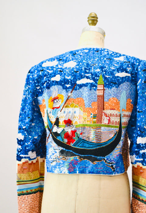 90s Vintage Jeanette Kastenberg Platinum Sequin Jacket Looney Tunes Bugs Bunny Cartoon Sequin Paris France Venice Italy Beaded Jacket