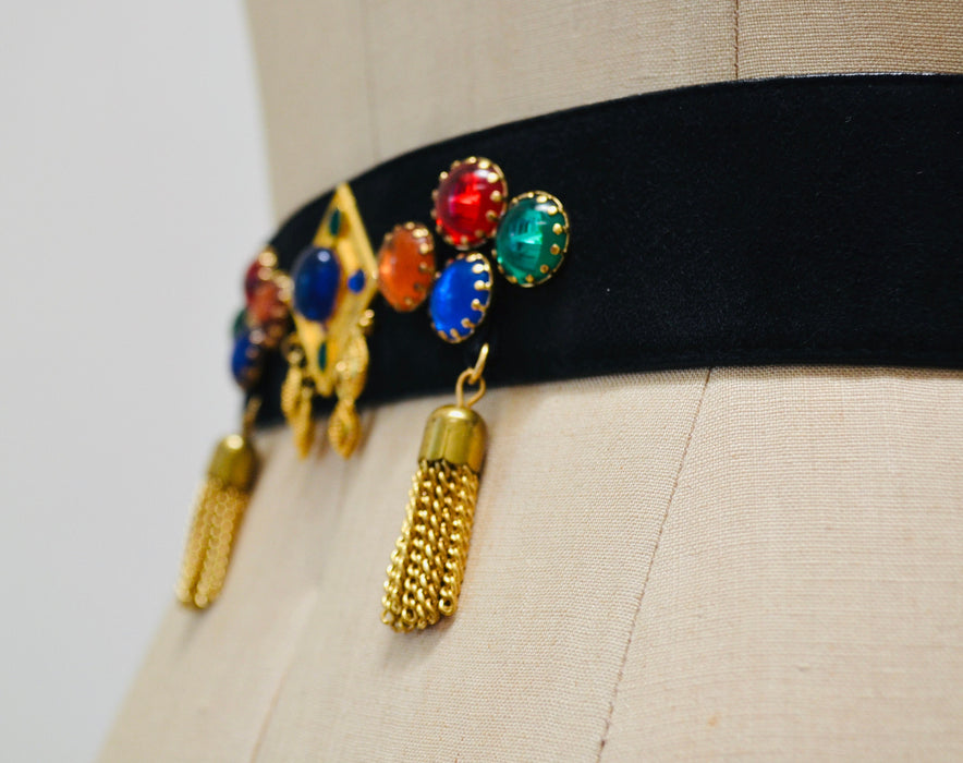 80s 90s Vintage ESCADA Black Gold Gemstone Belt Metallic Chain Fringe Black Leather Belt size 42 Medium Large 80s Glam Wide Black Gold Belt