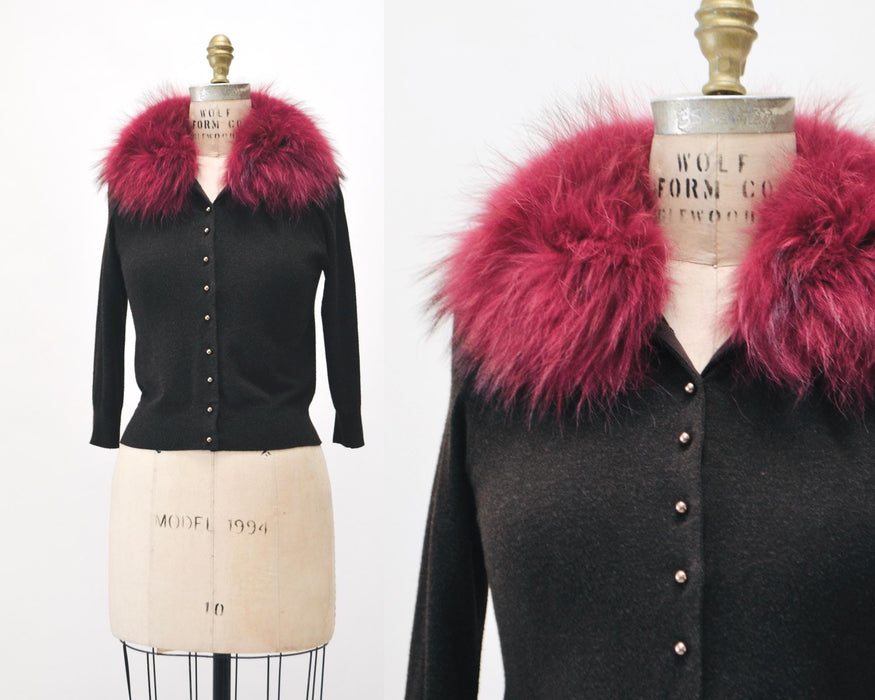 Vintage Y2K Fox Fur Collar Cardigan Sweater Red Brown Sweater Cardigan Top Small Y2k Brown Wool Cardigan Sweater Fox Fur collar Sweater top