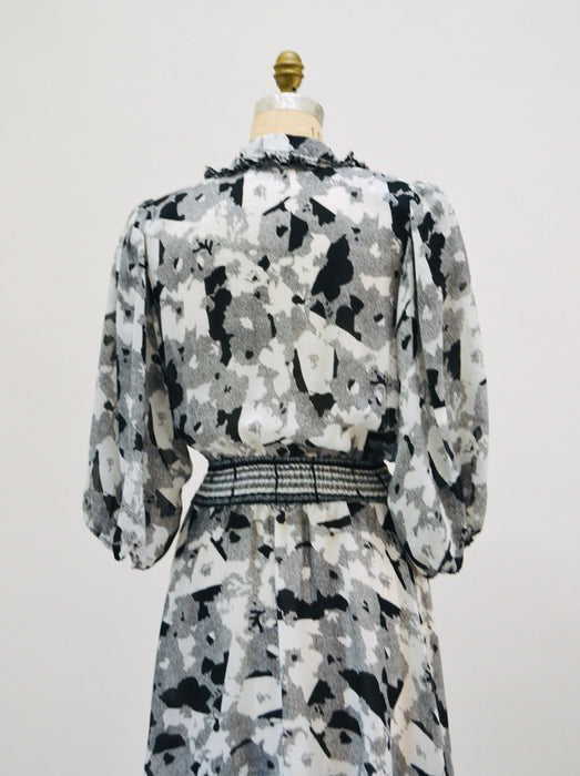 80s Party Ruffle Dress Black White Floral Print Ruffle Peasant Dress Medium Dress Diane Freis inspired 80s 90s Ruffle Summer Party Dress