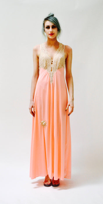 Vintage Nightgown Camisole Chemise Dress Small Pink Lace Cream Wedding Honeymoon Night gown// Vintage Lingerie Slip Dress Bridal