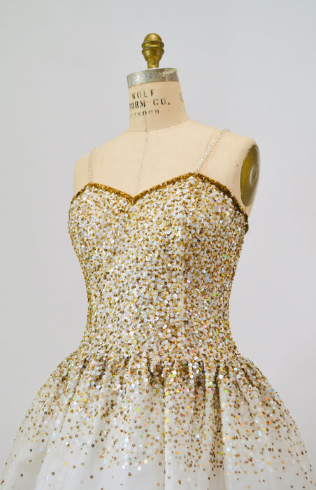 Vintage Off white Silk Sequin Dress Riazee Boutique Lillie Rubin White Gold Silk Beaded and Sequin Dress Cocktail Wedding Dress Naeem Khan