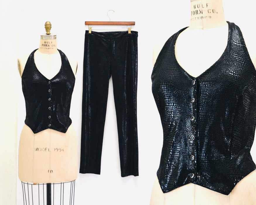 90s 2000s y2k Vintage Club Wear Halter top Pants Black Velvet Halter Top Velvet Pants By Betsy Johnson Medium 2000s Velvet Party Pants Top