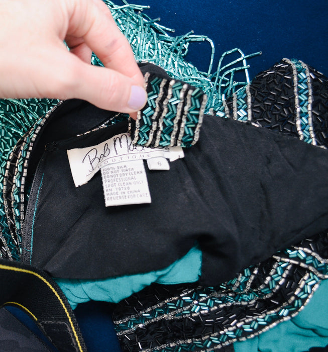 80s Vintage Bob Mackie Blue Green Beaded Fringe Dress Vintage Green Metallic Dress Small // Beaded Fringe Dress Flapper Inspired Cher Dress