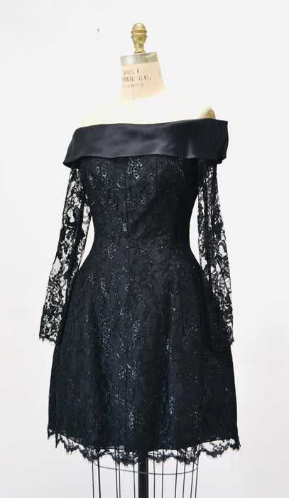 90s 00s Vintage Black Lace Dress off the shoulder Dress by Liancarlo// Black lace Dress XS Small Neiman Marcus