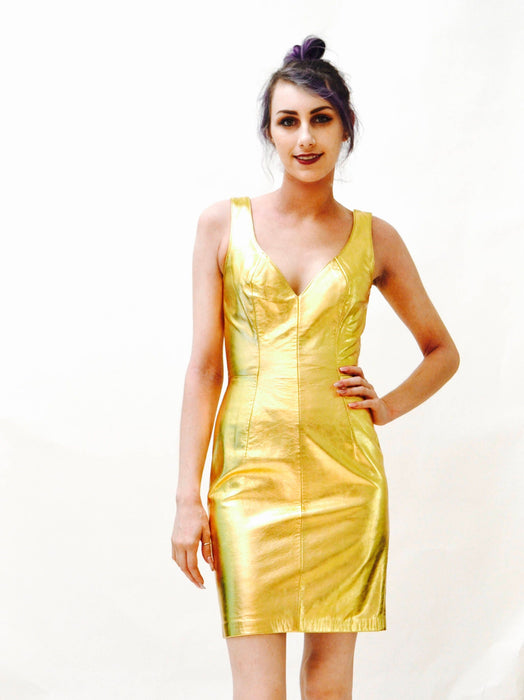 90s Metallic Gold Leather Dress by Michael Hoban North Beach Leather// 90s Leather Dress Gold Size XS Small