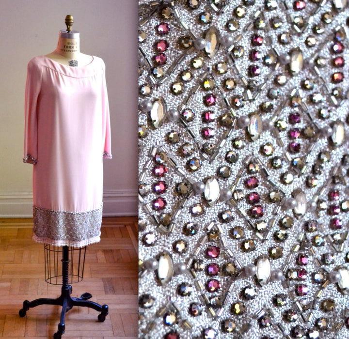 60s Vintage Beaded Dress Pink Rhinestone Mad Men Dress Large// Vintage Pink Beaded Rhinestone Party Dress 60s 70s Vintage GLam Dress
