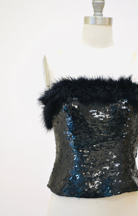 80s 90s Vintage Black Sequin Feather Bustier Top Size XS Small 90s 2000s Sequin feather Strapless top XXS Xs Black Sequin Feather Crop top