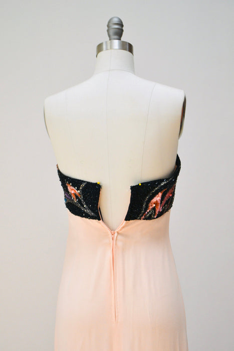 80s 90s Vintage Silk Sequin Gown Dress XXS XS By Bob Mackie Silk// Vintage Wedding Silk Pink Peach Black Gown Sequin Strapless Silk Dress