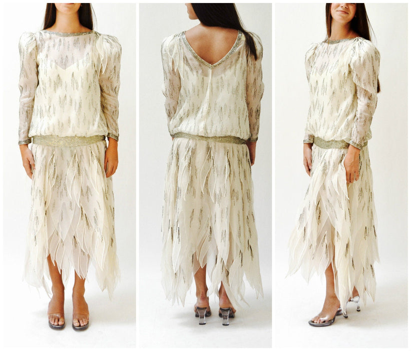 80s does 20s Vintage Beaded Dress Silk Cream Off White Dress Small Medium Ruben Panis// 80s Vintage Beaded Dress Long Sleeve Flapper Dress