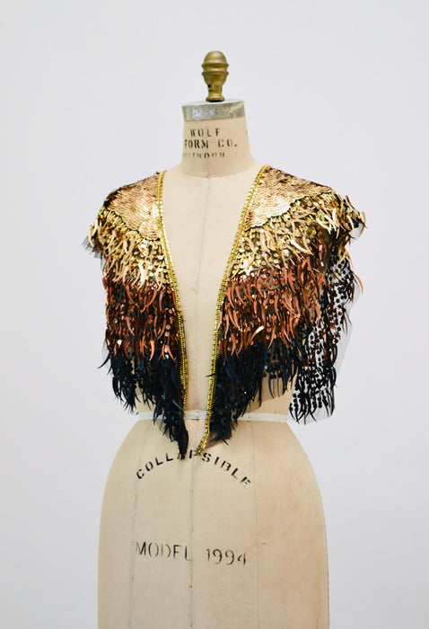 Vintage Gold Black Beaded Fringe Shawl Wrap Burlesque Wedding Flapper Gold Metallic Beaded Vintage Fringe Collar Shawl GOld Shawl Sharmark